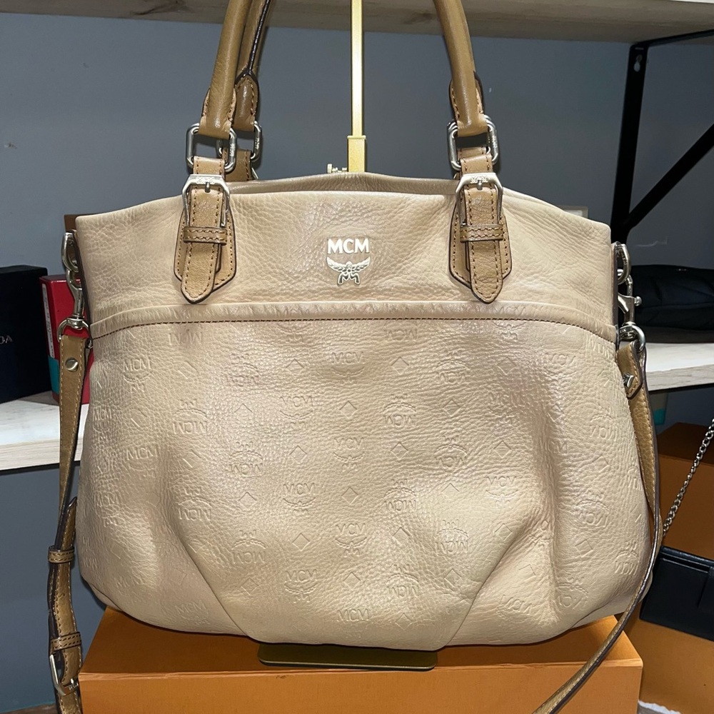 MCM Embossed beige Leather 2 way Shoulder Bag